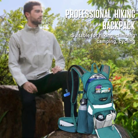 Hydration Backpack With 3L Water Bladder, 18L Multipurpose Hiking Pack For Outdoors beside seated person in hiking setting