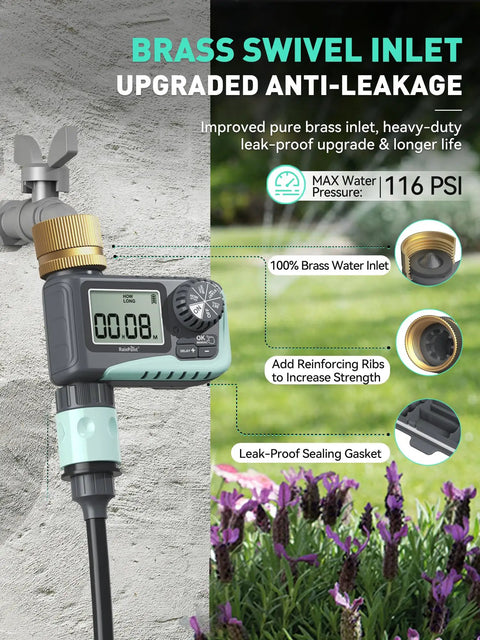 Brass Swivel Sprinkler Timer Set For Garden Hose, 2-Pack No-Fuss Programmable Hose Timer With Rain Delay, digital display, brass inlet