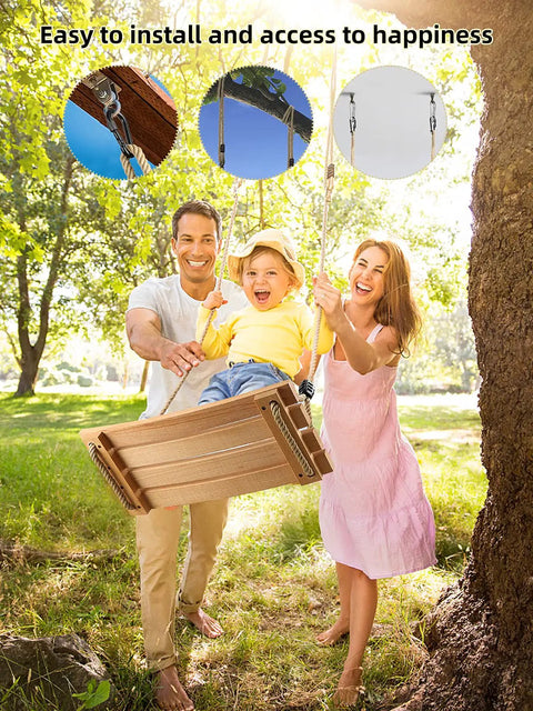 Family using Wooden Tree Swing Seat For Indoor And Outdoor Fun With Adjustable Rope, Non Slip Ridged Seat And Raised Sides