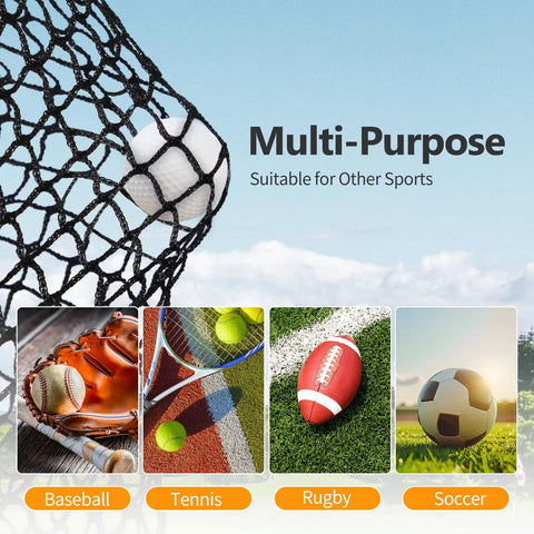 Close-up of golf ball in polyester net, showing multi-purpose use for baseball, tennis, rugby, and soccer.