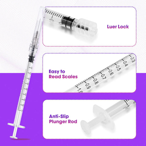 100 Pack 1 Milliliter Syringes With Needle 27 Gauge Half Inch Disposable Luer Lock Syringes For Scientific Lab Use Sterile Individually Wrapped Ready For Pro Grade Precision Dosing In Microbiology Chemistry And General Research. close-up with Luer Lock, scale, and plunger rod