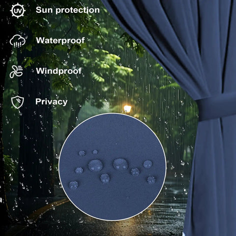 Outdoor Gazebo Curtains 10x12 Navy Blue 4 Panels Sidewalls With Zipper Waterproof Easy Install Replacement Curtains in rain