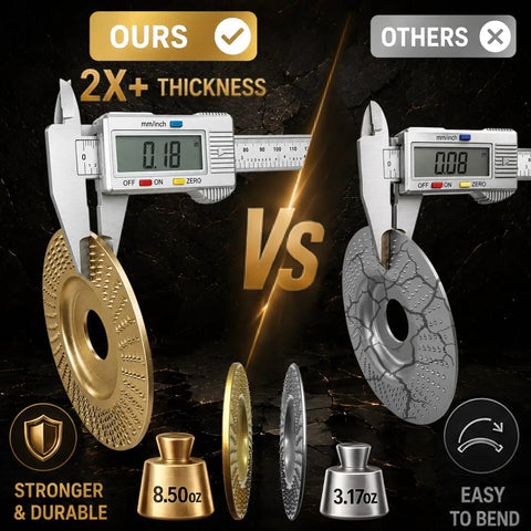 Comparison of Heavy Duty Wood Carving Disc Set With Pro Grade Five Rotary Burrs showing disc thickness and weight.