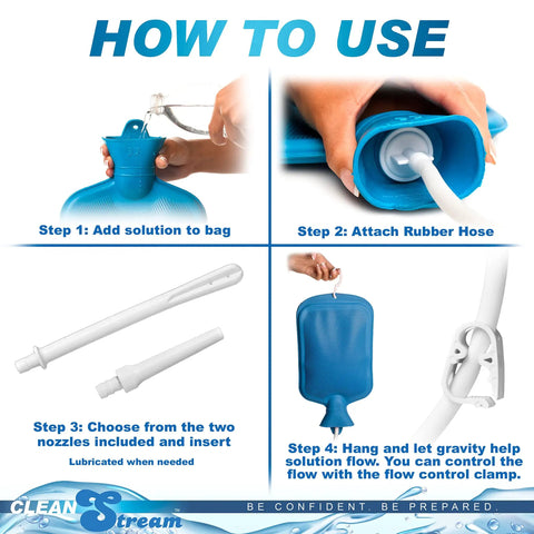Enema Cleaning Kit With 2 Quart Rubber Water Bottle setup guide showing hose attachment and use instructions.