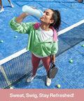 Woman drinking from 26 Oz Stainless Steel Insulated Water Bottle With 2 In 1 Straw And Spout Lid Keeps Drinks Ice Cold All Day Leak Proof