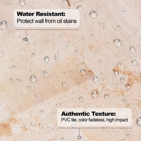 Close-up of water-resistant Peel And Stick Backsplash Tile Kit for Kitchen and Bathroom, real stone texture with water droplets.
