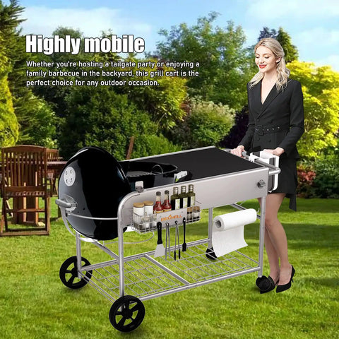 Grill Table Cart For 22 Inch And 18 Inch Original Kettle Charcoal Grills, Outdoor Stand And Prep Station with accessories