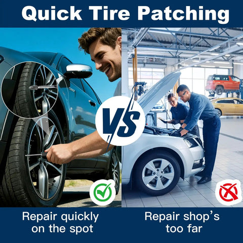 Comparison of on-the-spot tire repair with Portable Tire Repair Kit With 60 Pcs Plug Set versus distant repair shop.