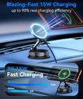 Image showing 15W MagSafe Car Mount Charger With Vacuum Suction Cup And Nano Adhesive Base installed on a car dashboard.