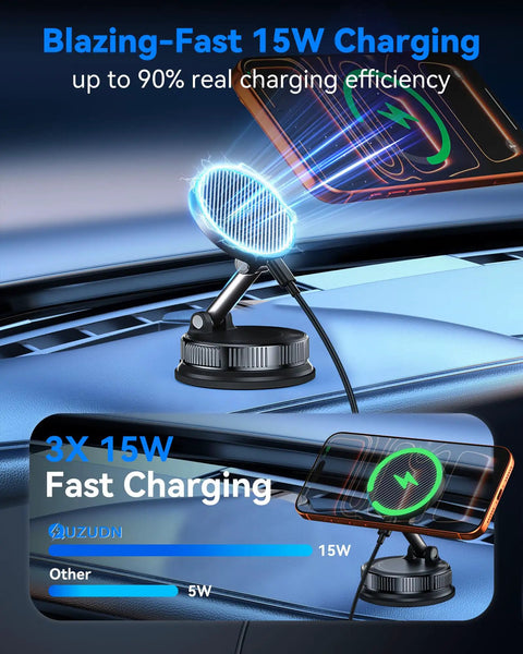 Image showing 15W MagSafe Car Mount Charger With Vacuum Suction Cup And Nano Adhesive Base installed on a car dashboard.
