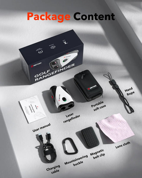 Product packaging and components for Golf Rangefinder With Slope Switch And Magnetic Mount For Easy Yard Reads included.