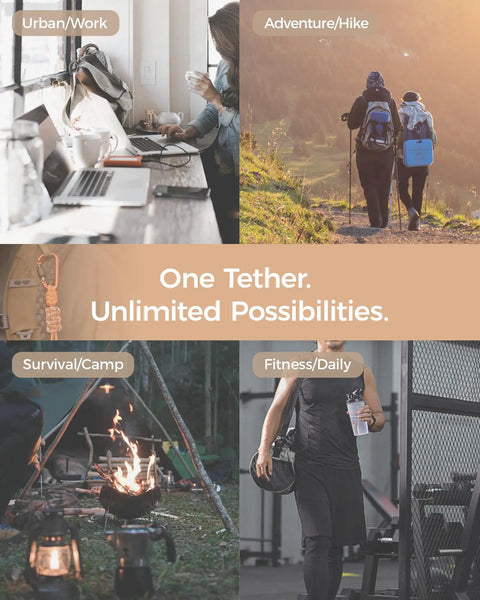 Collage of Tactical Paracord Gear Tether 2 Pack with Anti Loss Screw Lock Carabiner used in various outdoor and urban settings.