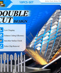 Carbide burr set, 10 pieces with 1/4 in shanks, double-cut, Asieg Tool front view
