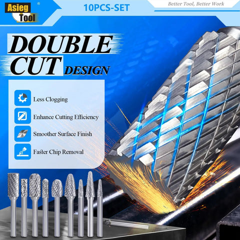 Carbide burr set, 10 pieces with 1/4 in shanks, double-cut, Asieg Tool front view