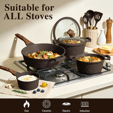 26 Piece Nonstick Pots And Pans Set With Steamer Induction Ready Cookware Includes Silicone Utensils Healthy Quartz Nonstick PFAS PFOA Free Easy Clean Great Housewarming Gift For Home Cooks And Busy Chefs No Fuss Cleanup on stove with vegetables