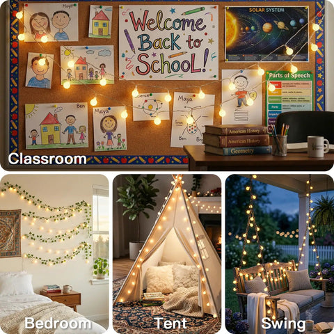 Warm White 33Ft 100 LED Connectable Globe String Lights With Remote for classroom, bedroom, tent, and swing decor scenes.