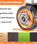 Close-up of 360 degree all terrain wheels for foldable collapsible wagon cart, showcasing smooth spin, wear resistance, all surface use.