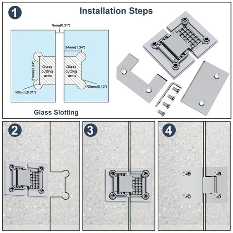 Installation steps for Heavy Lifting Shower Door Hinge With A Zero Friction 180 Degree Sweep Designed From Bulletproof 304 Steel.