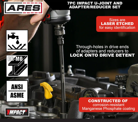 Impact U Joint And Adapter Set For One Quarter, Three Eighths, And One Half Inch Drives with Two Adapters and Two Reducers shown in use on engine