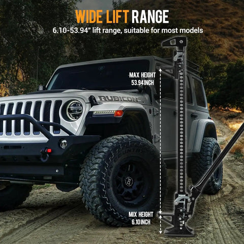 60 Inch High Lift Farm Jack 7000 Lb Ratcheting Off Road Utility Jack For Tractors And Trucks next to a Jeep, black powder coated