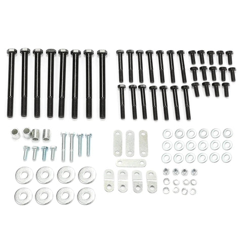 Various black bolts, nuts, and washers for 2 Inch Front And Rear Full Leveling Lift Kit Fits 2015 To 2023 Jeep Renegade Compass 4 Door Models.