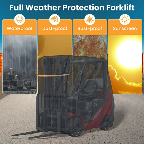 BENVOL forklift cab cover installed on red forklift; gray waterproof 420D Oxford cloth.