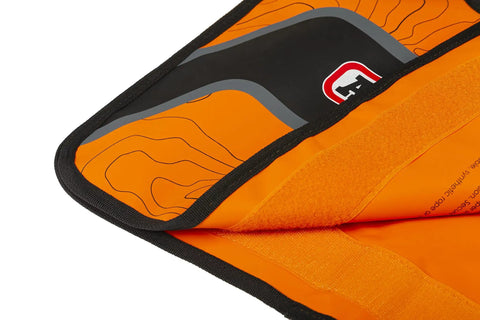Close-up of Offroad Winch Cable Recovery Damper in orange and black with built-in storage pockets, heavy duty vinyl material.
