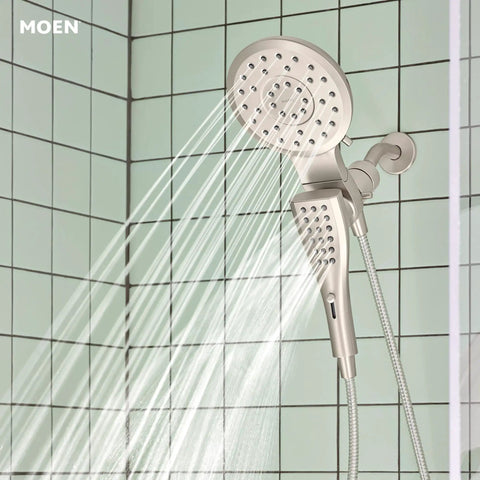 Spot Resist Brushed Nickel Dual Showerhead And Handshower System with water flow in tiled bathroom