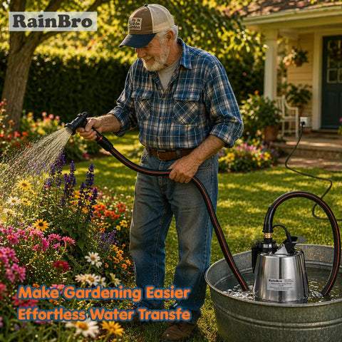 Man using Beast Mode Submersible Sump Pump With One Half HP Motor Delivers Up To 2300 GPH For Quick Pool Drains And Flood Cleanup