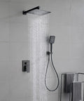 Matte Black Shower Faucet Set With 10 Inch Stainless Steel Rainfall Head, Pressure Balance Valve Cartridge, Rough in Valve Trim Kit, And Shower Fixture Combo, cUPC Certified, Lifetime Warranty installed in bathroom.