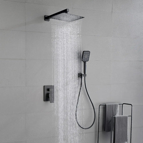 Matte Black Shower Faucet Set With 10 Inch Stainless Steel Rainfall Head, Pressure Balance Valve Cartridge, Rough in Valve Trim Kit, And Shower Fixture Combo, cUPC Certified, Lifetime Warranty installed in bathroom.