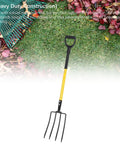 46 Inch 4 Tines Digging Fork With Y Shaped Handle For Gardening And Composting Heavy Duty Iron Pitch Fork on grass with leaves