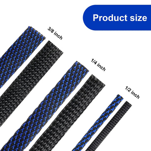 96 Ft Braided Cable Sleeve Kit With Heat Shrink Tubes for audio and video cables in black and blue showing different sizes.