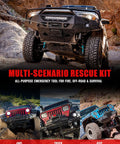Multiple off-road vehicles equipped with Beefy Synthetic Winch Rope Cable Kit Heavy Duty Three Eighths Inch Hundred Feet 26,500 Pound Winch Line Replacement With Forged Hook And Protective Sleeve For 4WD Off Road SUV.