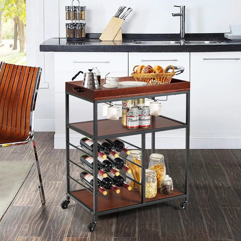 Slick Rolling Kitchen Island Cart With Rustic Brown Wood And Steel Frame Nine Bottle Wine Rack Double Glass Holders Lockable Wheels Utility Beverage Trolley For Tight Spaces And Weekend Kickbacks