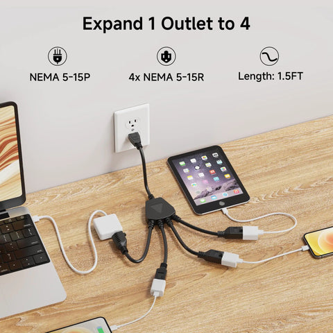 4 Outlet Power Splitter Cord 1.5ft Y Cable NEMA 5-15P To 5-15R 16 AWG Heavy Duty Extension Cord in use with devices on a desk.
