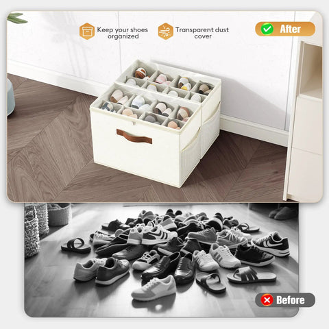 Two Pack Clear Shoe Organizer for Closet With Foldable Storage Containers and Adjustable Dividers Fits Up To Sixteen Pairs Reinforced Handles Space Saving Beige Shoe Storage Bins displaying stored shoes
