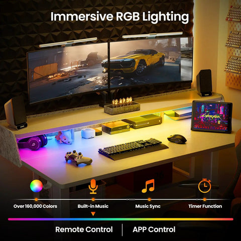 Ergonomic Electric Standing Desk 55 By 28 Inch Adjustable Sit Stand Workstation with RGB lighting, dual monitors, and gaming setup.