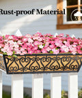 Two Pack 24 Inch Deck Railing Planter Box With Adjustable Brackets And Coco Liners Weatherproof Metal Construction displayed on a fence with blooming flowers.