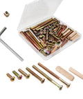 Heavy Duty Crib Hardware Replacement Kit M6 Barrel Nuts And Hex Socket Bolts With Wood Dowel Pins 70 Piece Set shown in storage case.