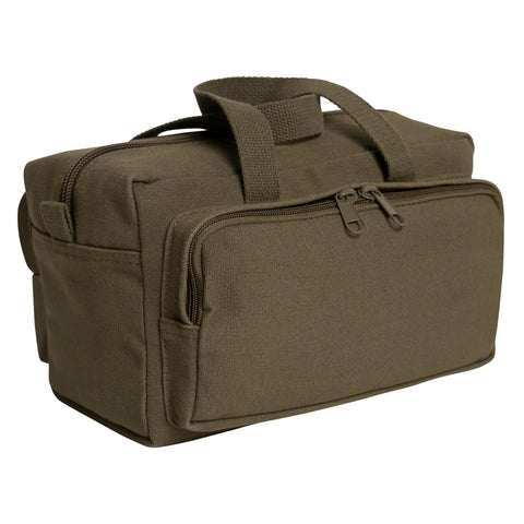 Mechanic Tool Bag With Heavy Duty Olive Drab Canvas Construction, zipper pockets, and rugged carry handles, front view.