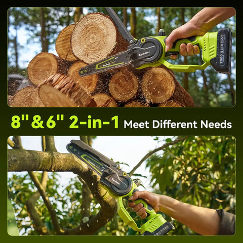 Cordless Mini Chainsaw With Dual 6 Inch And 8 Inch Guide Bars, 1000W Brushless Handheld Power Saw trimming wood and branches.