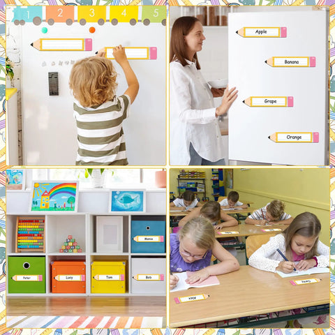 Children using 36 Pack Magnetic Dry Erase Name Tags 7.8 x 1.57 Inches Reusable Erasable Pencil Labels for classrooms and lockers.
