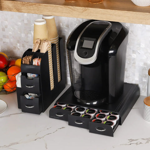 Two Piece Coffee Pod Drawer And Cup Condiment Organizer Set With Ten Compartments And Three Drawers, black, on countertop.