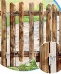Heavy-Duty 304 Stainless Steel Gate Hinges Kit With Screws and Plugs For Farm Fence shown on wooden gate