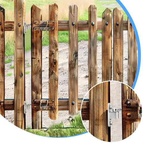 Heavy-Duty 304 Stainless Steel Gate Hinges Kit With Screws and Plugs For Farm Fence shown on wooden gate