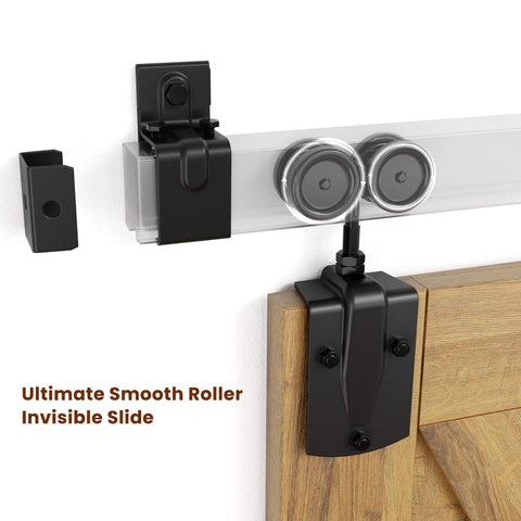 Close-up of Built Tough Heavy Duty 6Ft Box Rail Barn Door Hardware Kit for Indoor and Exterior Use with zinc steel roller system.
