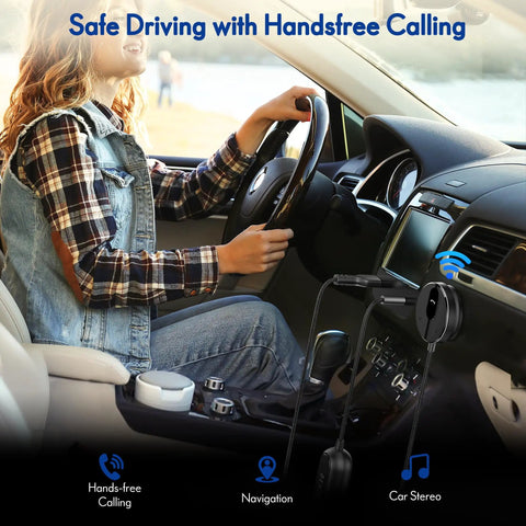 Woman using Bluetooth Car Kit With Wireless Aux Receiver For Hands Free Calling And Music Streaming Ground Loop Noise Filter