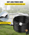 30 foot Road Ready 50 Amp Generator Extension Cord With Twist Lock Connectors Pure Copper Power Cable next to RV for outdoor use.