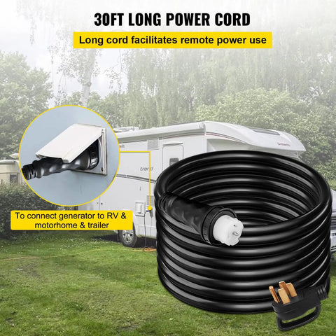 30 foot Road Ready 50 Amp Generator Extension Cord With Twist Lock Connectors Pure Copper Power Cable next to RV for outdoor use.